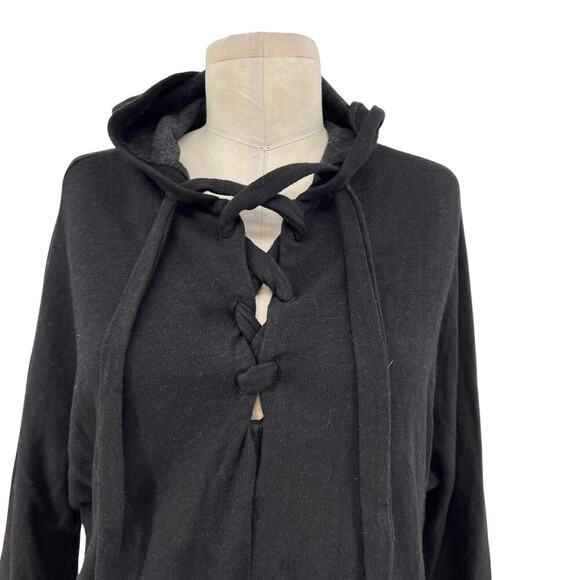 Monrow Black Lace-Up Neckline Hooded Flared Sleeve Sweatshirt Size XS - Picture 2 of 10